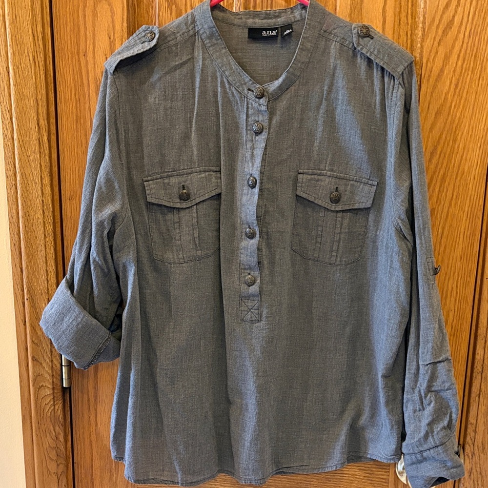 a.n.a Gray Button Front Utility Blouse